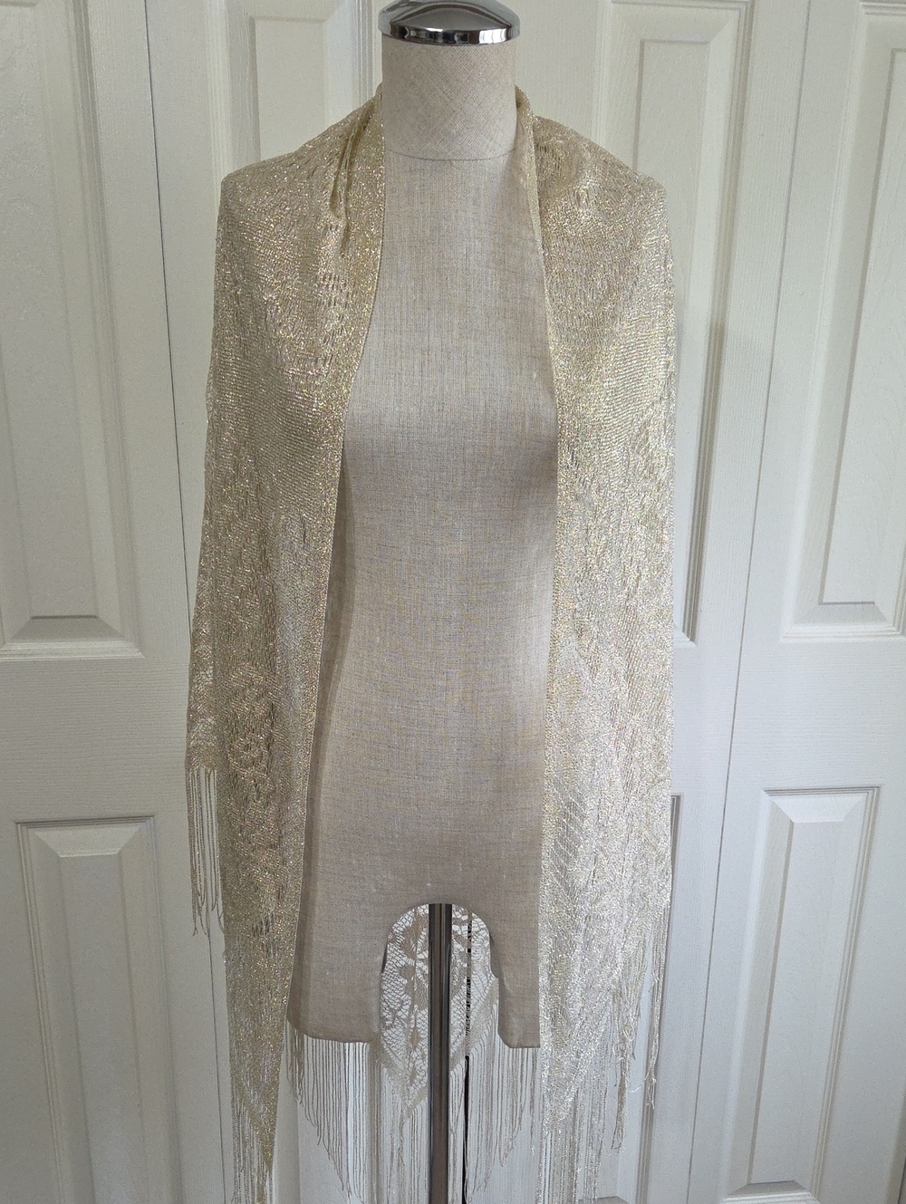 Elegant Metallic Lace Fringe Shawl - Champagne